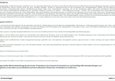 Ein Dokumentabschnitt in deutscher Sprache mit Risikowarnungen und einem Haftungsausschluss zur historischen Wertentwicklung, in dem darauf hingewiesen wird, dass die Ergebnisse zu Informationszwecken dienen und keinen Hinweis auf die zukünftige Wertentwicklung geben.