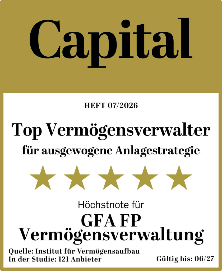 Das Bild zeigt ein Siegel, dass die GFA FP Vermögensverwaltung mit der Höchstnote für ihre ausgewogenen Anlagestrategien auszeichnet.