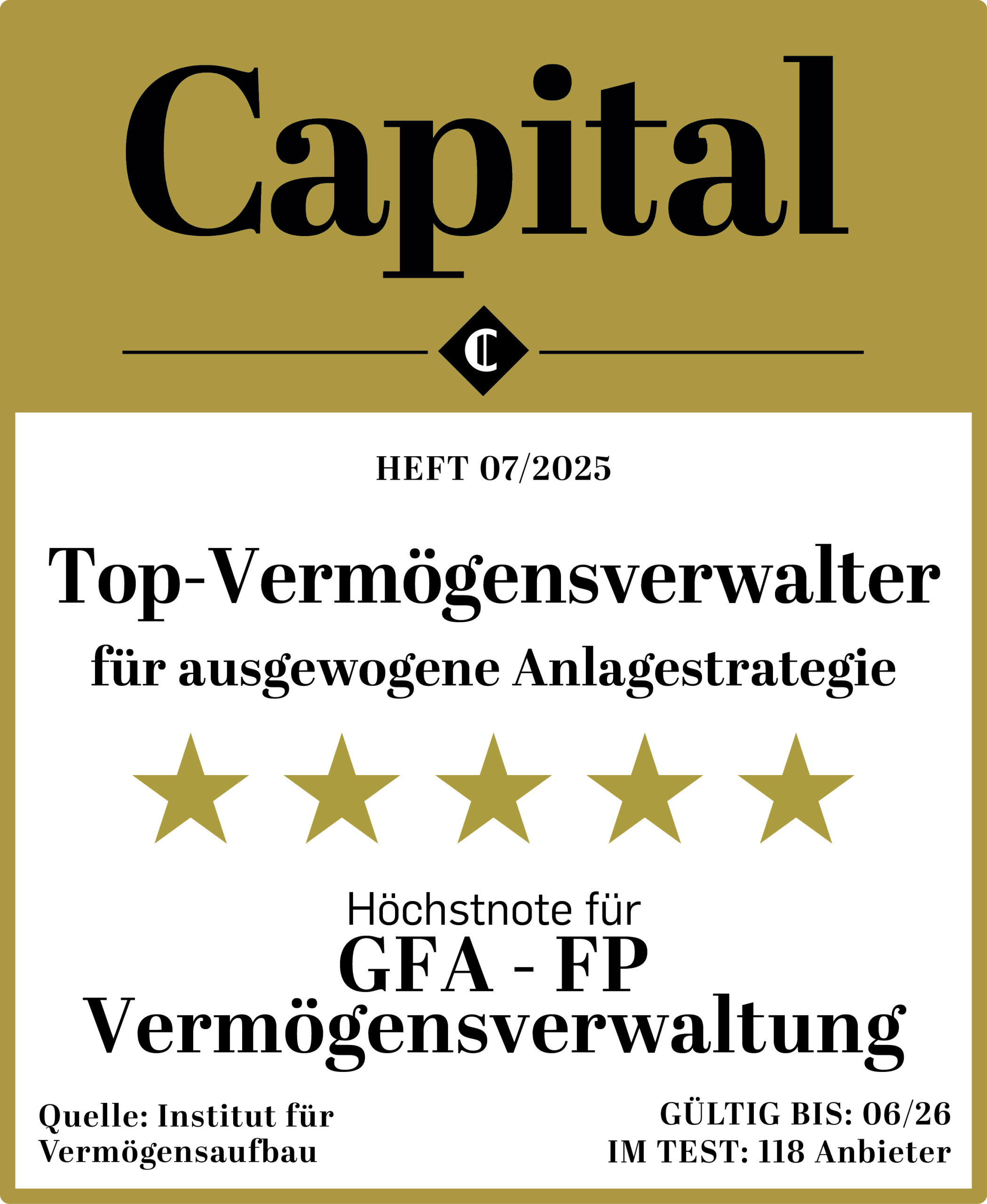 Siegel 2025 Vermögensverwalter Kategorie 5 Sterne ausgewogen GFA FP Vermögensverwaltung Das Bild zeigt ein Siegel, dass die GFA FP Vermögensverwaltung mit der Höchstnote für ihre ausgewogenen Anlagestrategien auszeichnet.